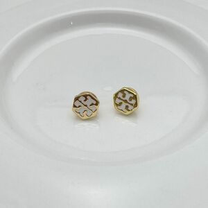 Tory Burch Gold and White Enameled Hexagon Stud Earrings